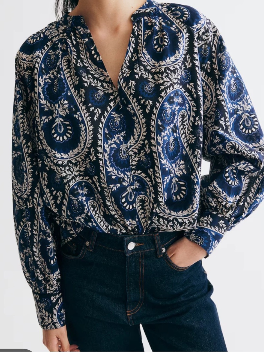 H&M 100% Cotton Paisley Floral Boho Navy Blue Peasant Blouse Size XL